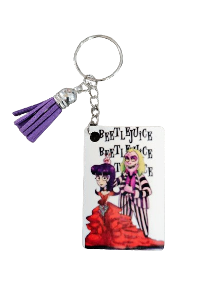 Keychain - Double sided sublimated Beetlejuice with acrylic tassel