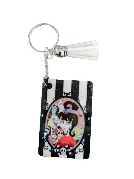 Keychain - Double sided sublimated Beetlejuice with acrylic tassel