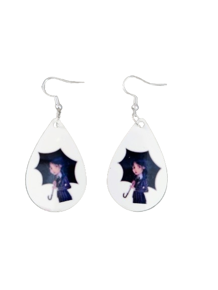 Earrings - Double sided sublimated Wednesday with umbrella image on silver hook