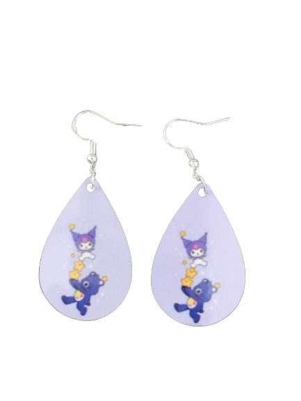 Earrings - Double sided sublimated Kuromi with Harmony bear image on silver hook