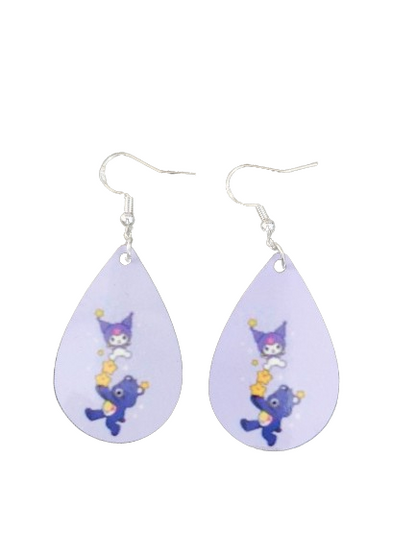 Earrings - Double sided sublimated Kuromi with Harmony bear image on silver hook