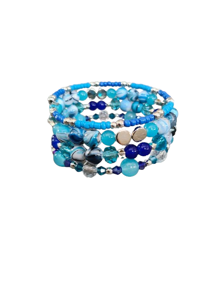 Bracelet - 4 coil & 6 coil Memory wire bracelet blue beads with silver spacer beads