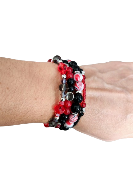 Bracelet - 4 coil & 6 coil Memory wire bracelet red & black beads with silver spacer beads