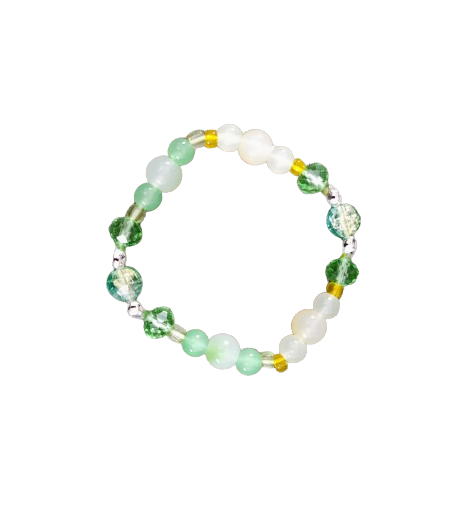 Bracelet - Elastic 6mm and 8mm green & yellow glass beads and silver spacer beads