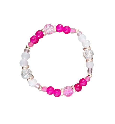 Bracelet - Elastic 6mm and 8mm pink & white glass beads and rose gold spacer beads