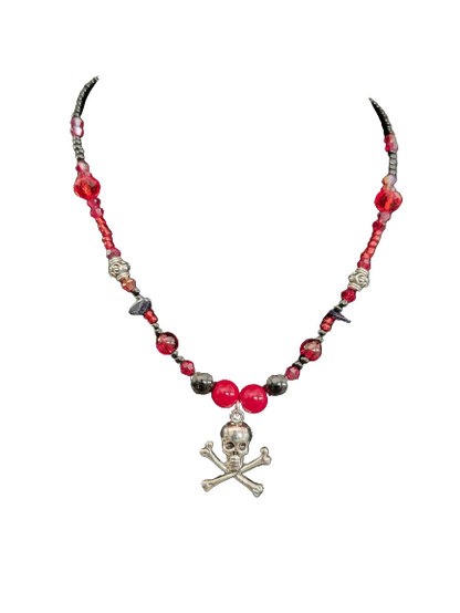 Necklace - 15 inches red & black beaded necklace with silver skull charm