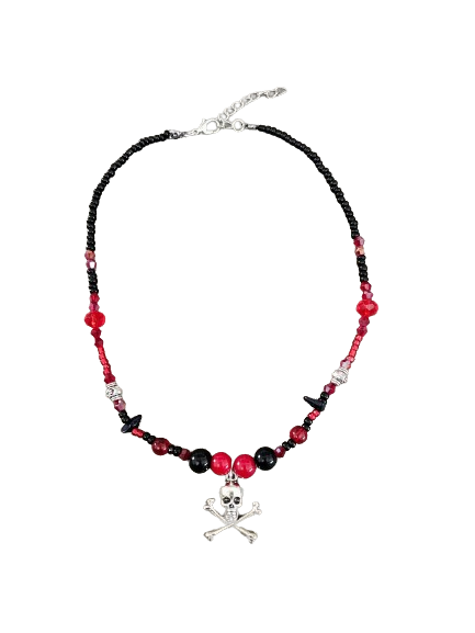 Necklace - 15 inches red & black beaded necklace with silver skull charm