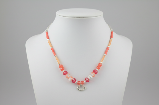 Necklace - 17 inches  Silver Stainless Steel Link Cable Chain with orange/red seed beads, glass beads, and acrylic beads with silver moon charm
