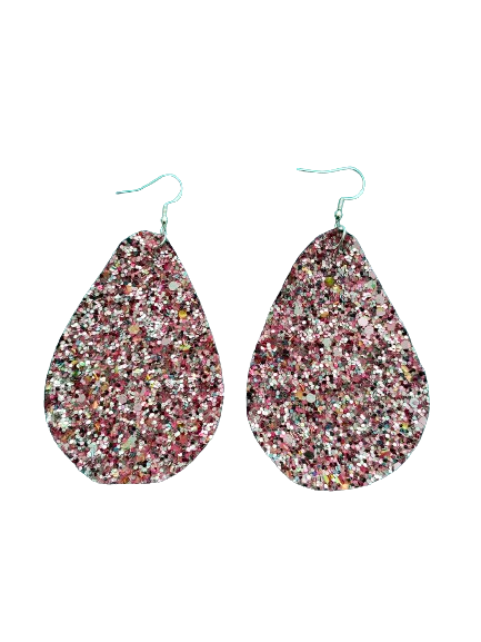 Earrings - Pink glitter faux leather round teardrop on silver hook