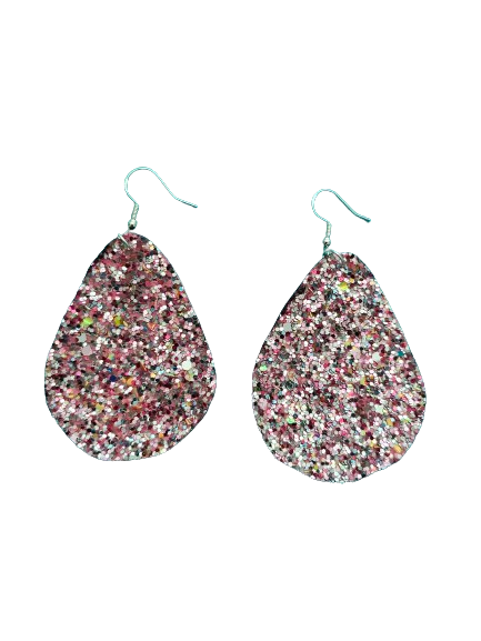 Earrings - Pink glitter faux leather round teardrop on silver hook