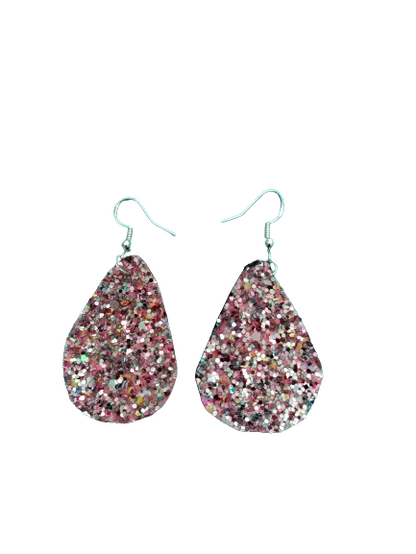 Earrings - Pink glitter faux leather round teardrop on silver hook