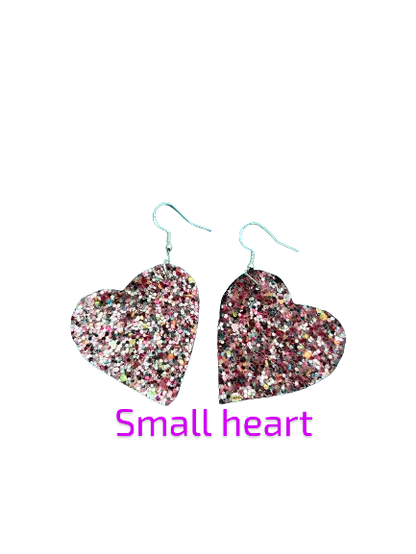 Earrings - Pink glitter faux leather heart on silver hook