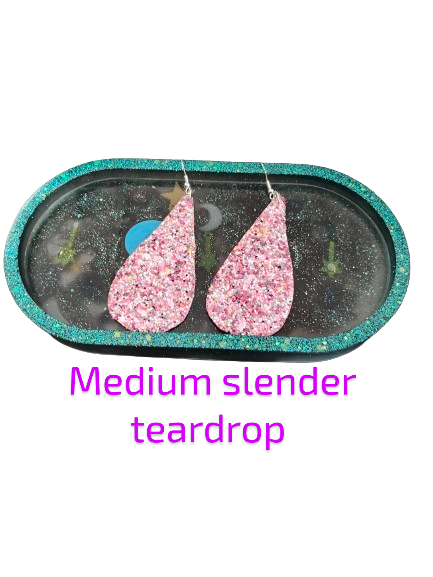 Earrings - Pink glitter faux leather slender teardrop on silver hook