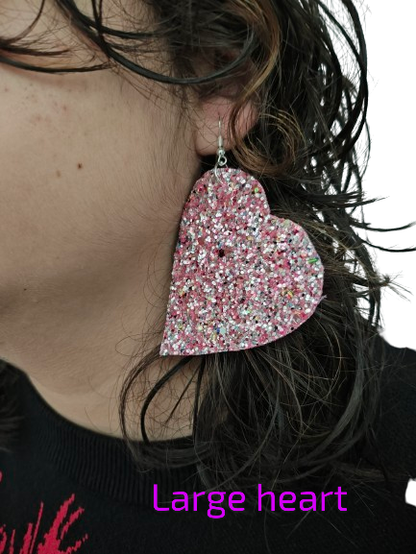 Earrings - Pink glitter faux leather heart on silver hook