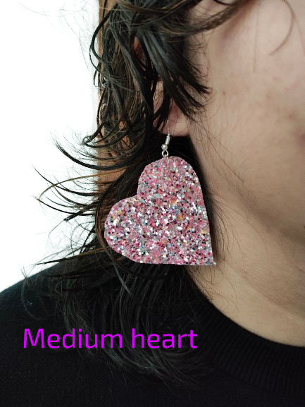 Earrings - Pink glitter faux leather heart on silver hook