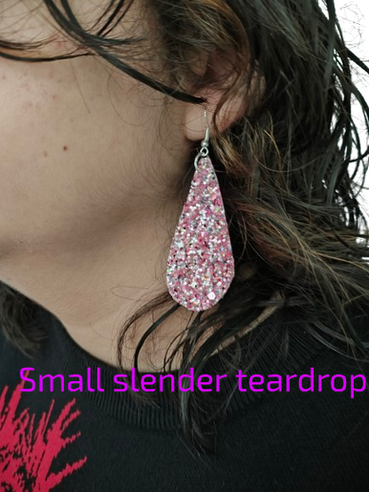 Earrings - Pink glitter faux leather slender teardrop on silver hook