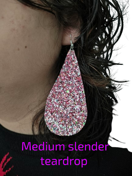 Earrings - Pink glitter faux leather slender teardrop on silver hook