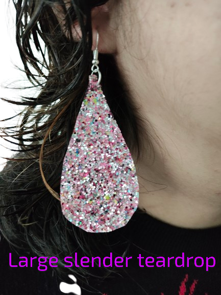 Earrings - Pink glitter faux leather slender teardrop on silver hook