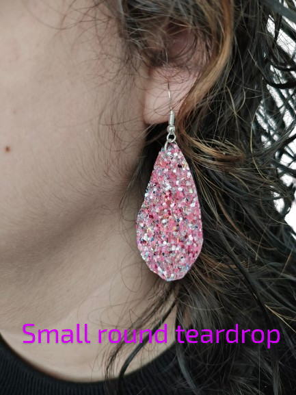 Earrings - Pink glitter faux leather round teardrop on silver hook