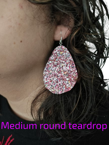 Earrings - Pink glitter faux leather round teardrop on silver hook