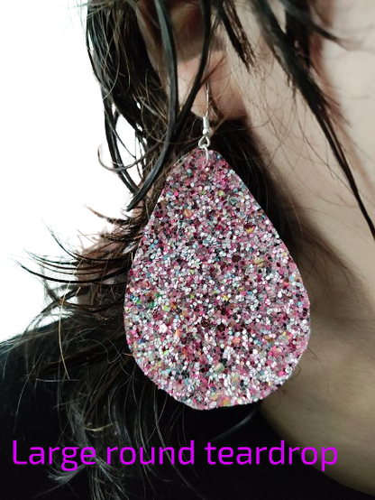 Earrings - Pink glitter faux leather round teardrop on silver hook