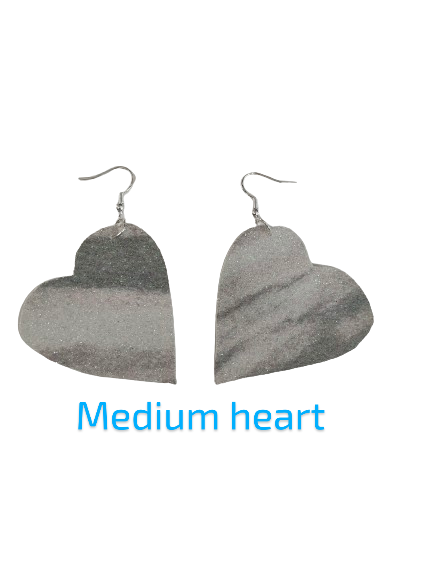 Earrings - Black & White pattern glitter faux leather heart on silver hook