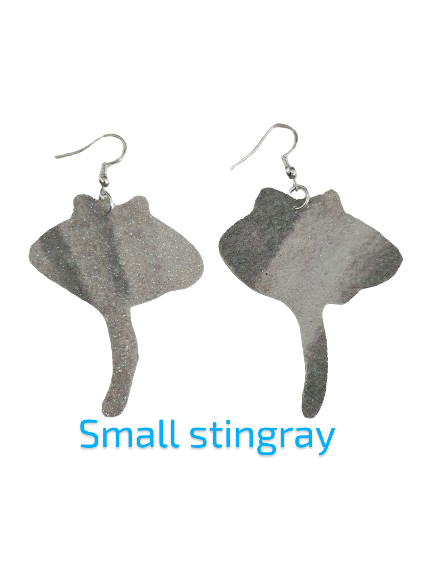 Earrings - Black & White pattern glitter faux leather stingray on silver hook