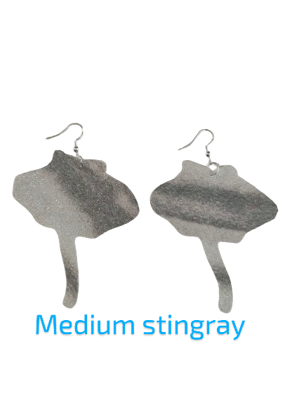 Earrings - Black & White pattern glitter faux leather stingray on silver hook