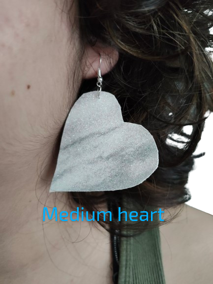 Earrings - Black & White pattern glitter faux leather heart on silver hook