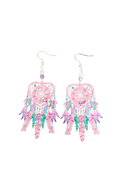 Earrings - Filigree dream catcher with beads on silver hook