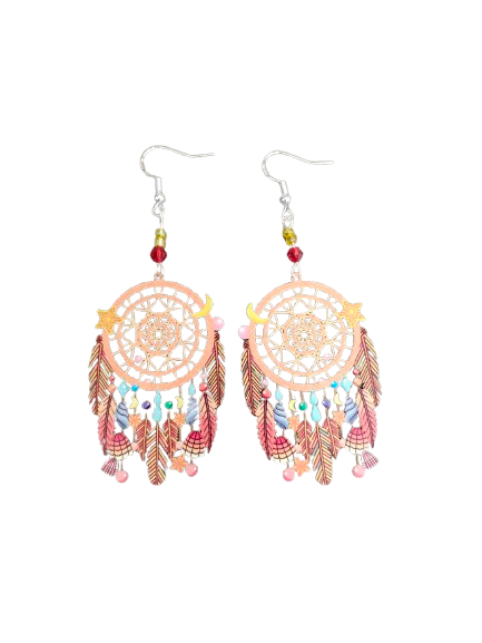 Earrings - Filigree dream catcher with beads on silver hook