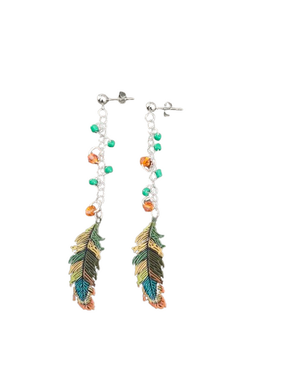 Earrings - Filigree feather with stainless steel chain and seeds beads on ball post stud