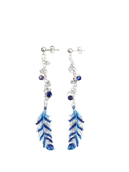 Earrings - Filigree feather with stainless steel chain and seeds beads on ball post stud