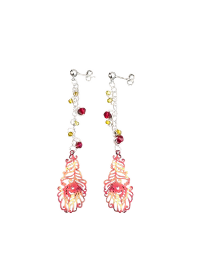 Earrings - Filigree feather with stainless steel chain and seeds beads on ball post stud