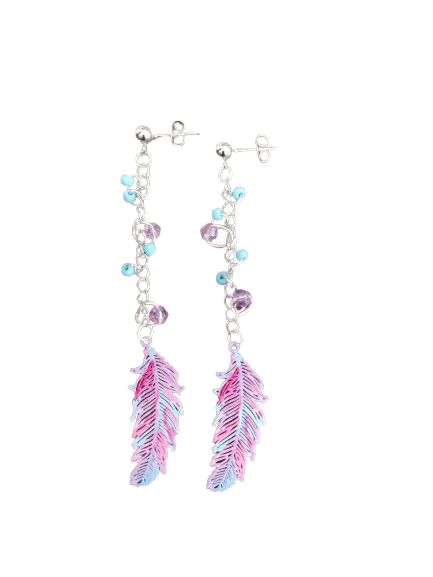 Earrings - Filigree feather with stainless steel chain and seeds beads on ball post stud