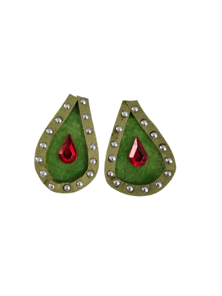 Earrings - Teardrop with studded olive green faux suede and gem on post