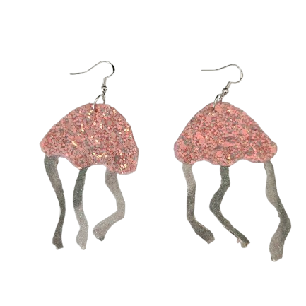 Earrings - Pink glitter faux leather Jelly Fish on silver hook