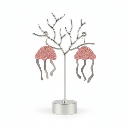 Earrings - Pink glitter faux leather Jelly Fish on silver hook