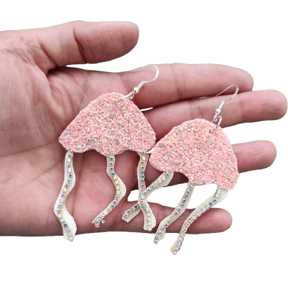 Earrings - Pink glitter faux leather Jelly Fish on silver hook