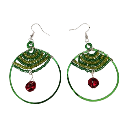 Earrings - Beaded hoop with jingle bell on hook