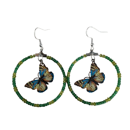 Earrings - Silver hoop with seed beads and filigree butterfly on hook