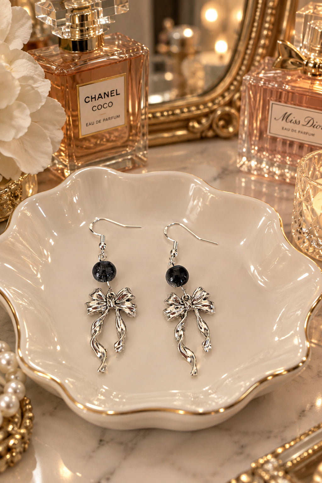 Silver Ribbon Bow Earrings with Black Crackle Glass Beads, 925 Sterling Silver Hooks