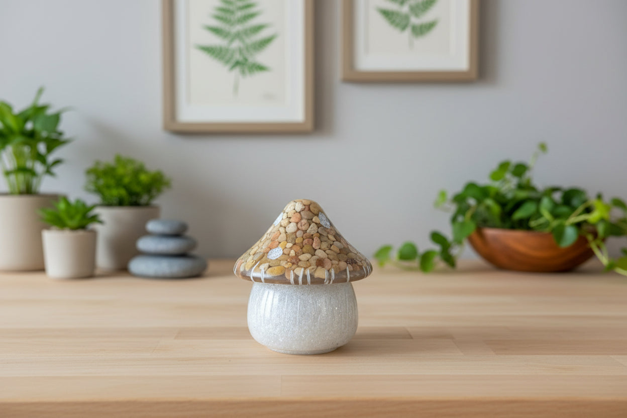 Decorative mushroom trinket on a wooden surface with plants in the background