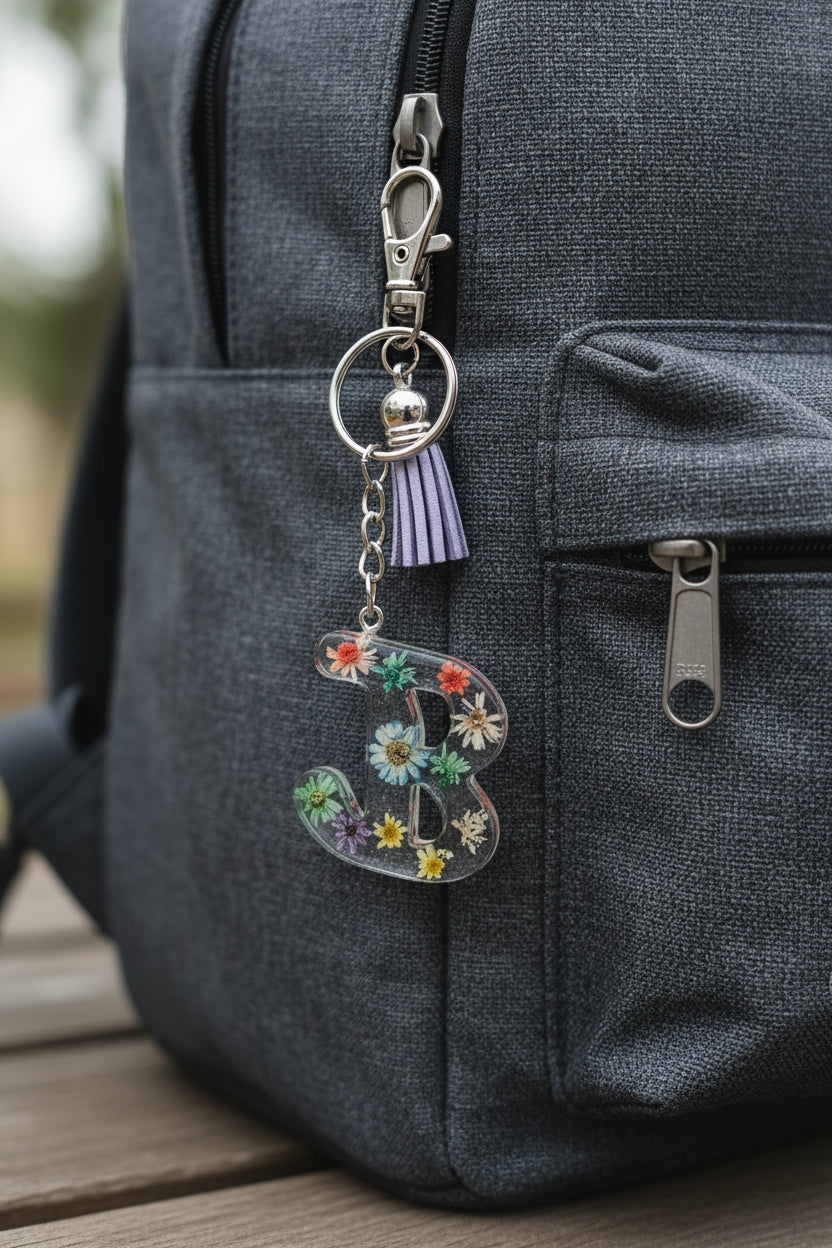 Decorative keychain with floral design on a backpack
