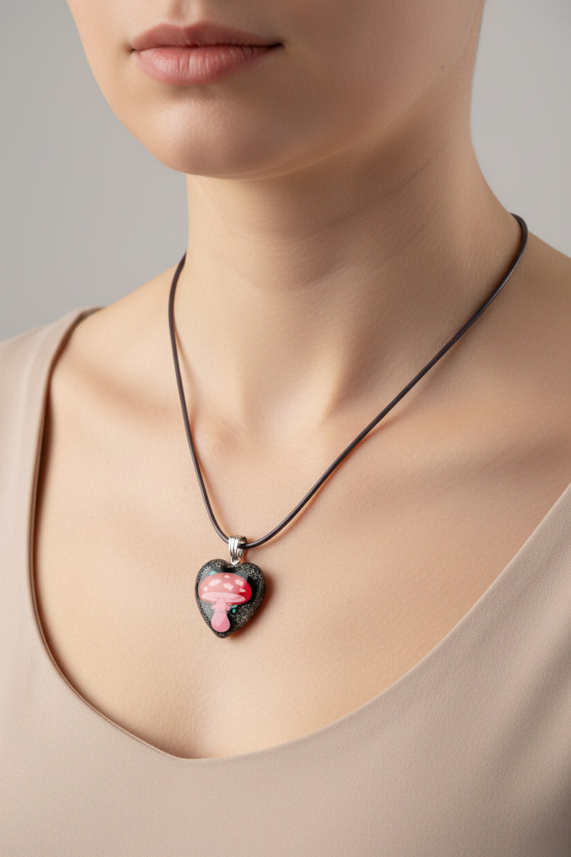 Necklace with a heart-shaped pendant worn by a person against a neutral background