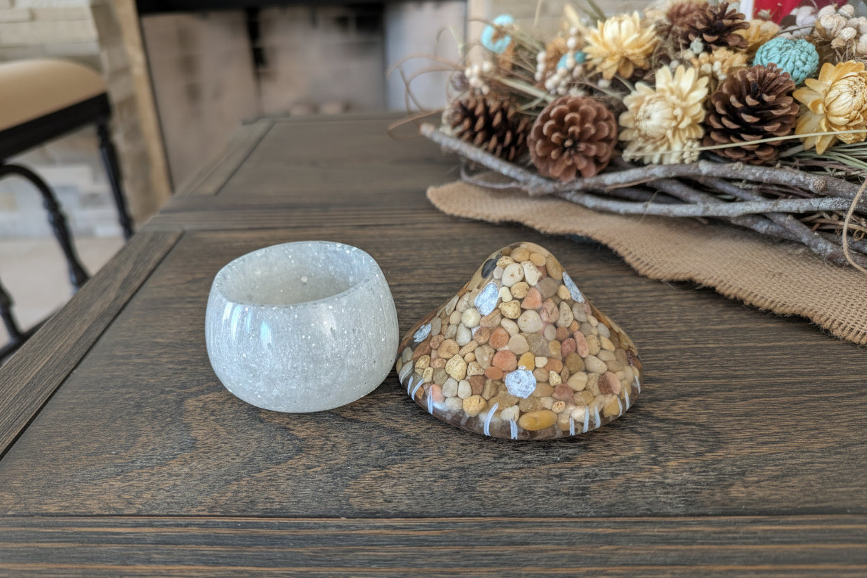 mushroom with rock on a wooden surface