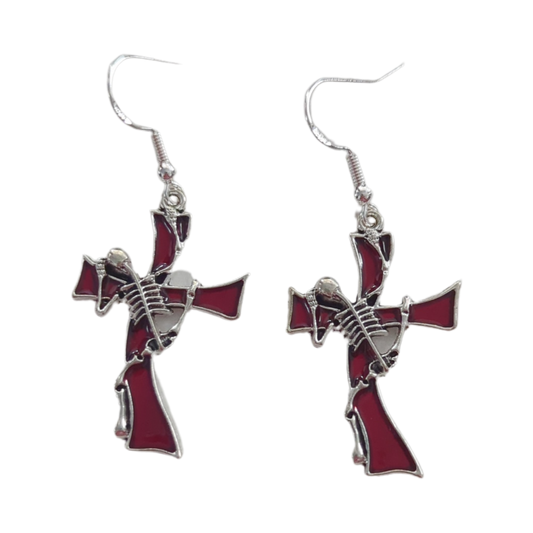 Earrings - Red cross with skeleton on hook