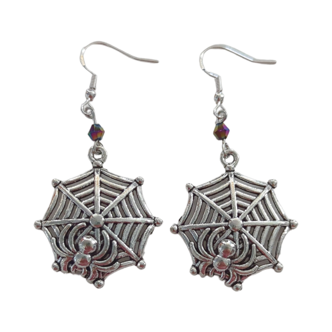 Earrings - Silver spider/spiderweb with bead on hook