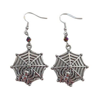 Earrings - Silver spider/spiderweb with bead on hook