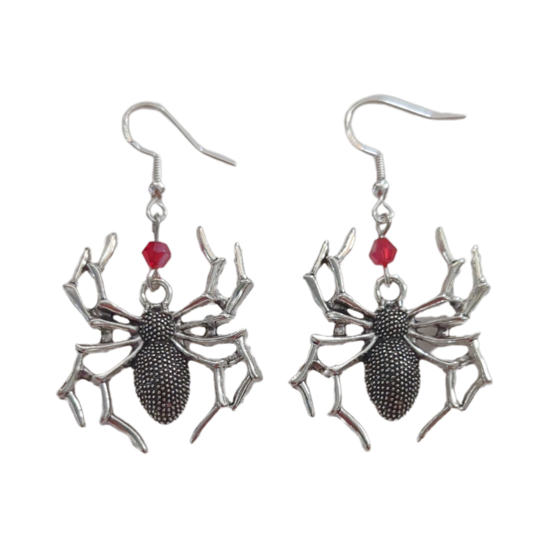 Earrings - Silver spider with bead on hook